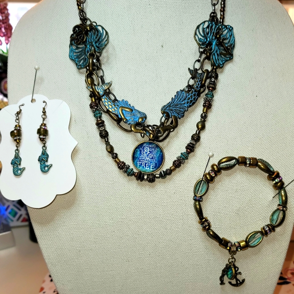 "Sisters": A 3-pc Mermaid Necklace, Bracelet & Earring Set